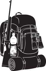 Hiking equipment and accessories including backpack rifle binoculars and rolledup sleeping mat