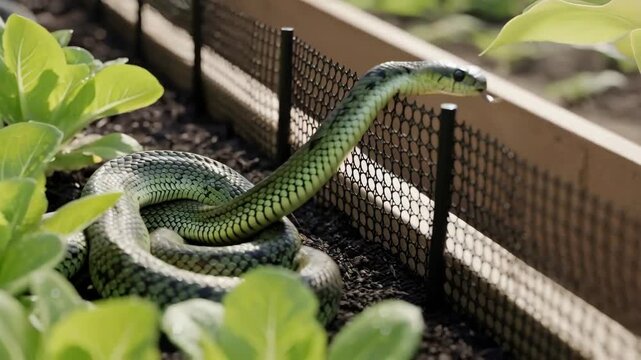 Green snake coiled in a garden, navigating a protective fence around healthy leafy plants and soil, showing pest control.