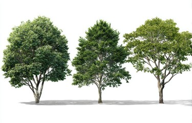 Obraz premium Three leafy trees of different shapes, isolated on white with shadows