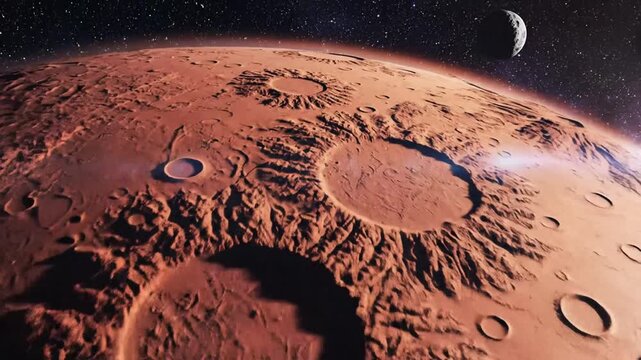 Mars and its moons Phobos and Deimos in deep space with stars