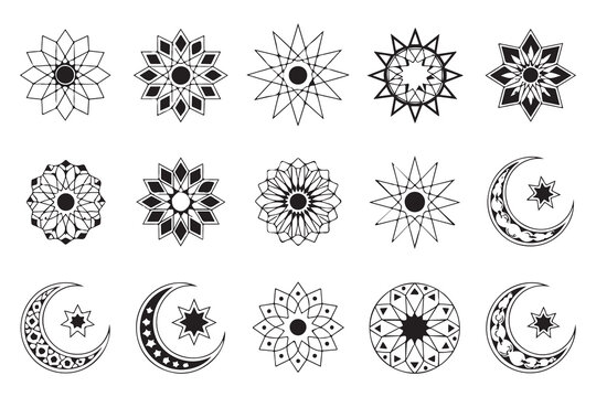 Mandala geometric stars and crescent moon ornaments set for islamic pattern decoration and ramadan design