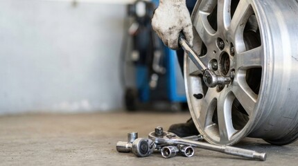 Automotive technician's gloved hand using a ratchet wrench to secure lug nuts on a silver car wheel in a workshop
