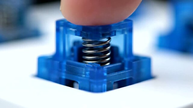 Finger pressing a spring into a blue plastic mechanical component.