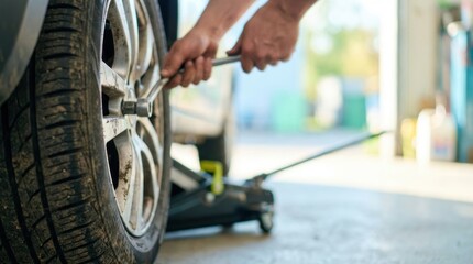 A mechanic's hands use a lug wrench on a car wheel's dirty lug nut The vehicle is elevated by a jack inside a garage