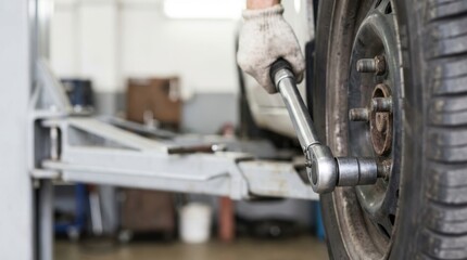 Gloved hand applies a torque wrench to a car's lug nut on a lifted vehicle tire in a workshop