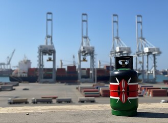 Kenyan gas cylinder at industrial shipping port with cranes