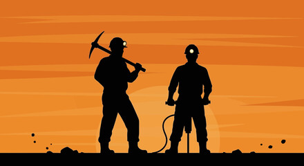 Obraz premium Silhouette of Miners Working with Pickaxe and Jackhammer at Sunset.