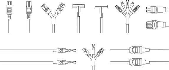 Technical, line, art, drawing, set, of, electrical, power, cables, connectors, wire, splitters, and, hardware, components, isolated, on, white, background, vector.