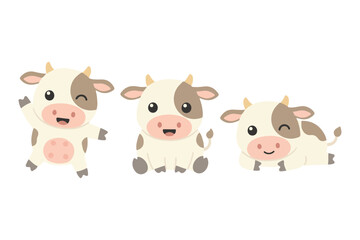 Cute Baby Cow Character Set in Playful Poses, Kawaii Spotted Dairy Cow Vector Illustration, Adorable Farm Animal Mascot Lying and Waving