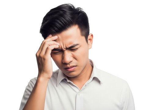 Young man with hand on forehead in pain, isolated on transparent background