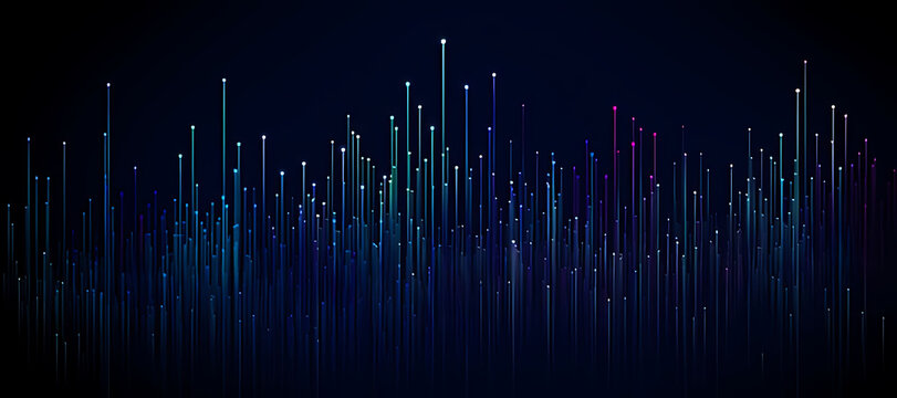 A futuristic digital landscape with vibrant neon lights and glowing vertical lines