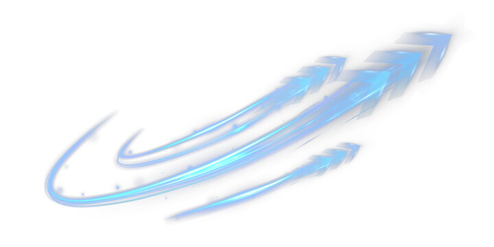 Blue glowing arrows with light trails isolated on transparent background.