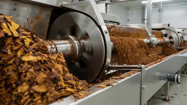 Medium shot of moist snuff grinding machine processing coarse cut tobacco showing large leaf pieces breaking down into a uniform moisturecontrolled blend.