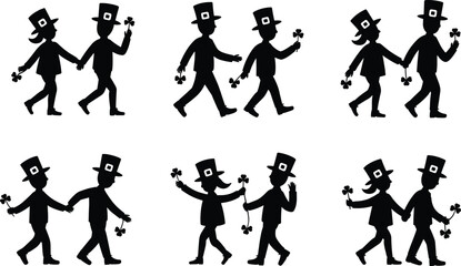 Obraz premium St Patricks Day couple silhouettes set, Irish man and woman with shamrock clover hats isolated black vector collection for holiday celebration design