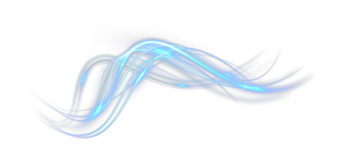 Light blue neon energy wave, glowing abstract light trail swirl isolated on transparent background.