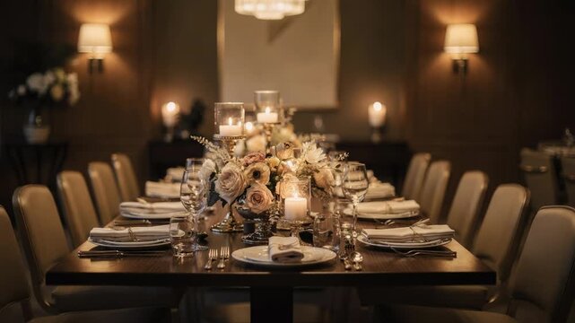 Warm private dining room with elegant table setup for a corporate celebration main focus on centerpiece softly blurred background ambiance.