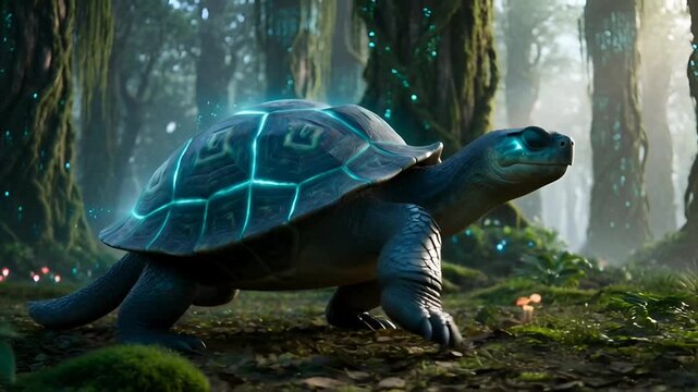Large Turtle Moving Through Mystical Forest with Glowing Blue Shell Patterns