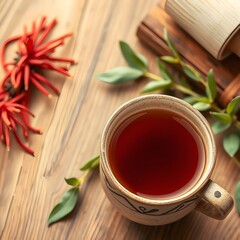 Rooibos tea in rustic ceramic cup, on a wooden table.