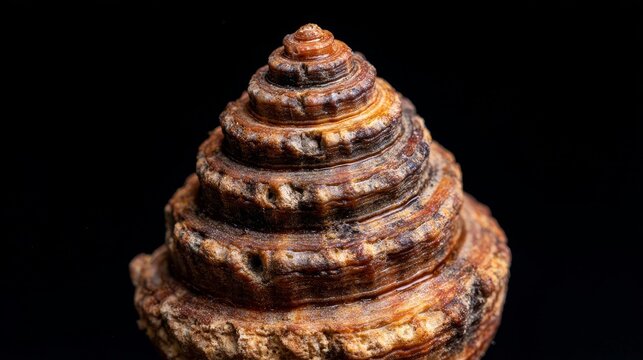 Macro view of Turritella terebra tower shell spiral with ribbed texture brown tones, highlighting marine mollusk biology, organic pattern, natural structure, sea life detail coastal background concept
