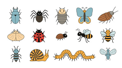 Naklejka premium Vibrant cartoon collection features various cheerful insects and bugs like beetles, spiders, butterflies, bees, and a snail, ideal for playful learning.