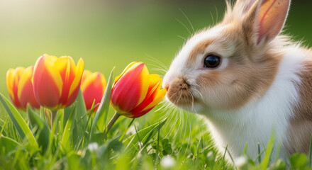 Brown and white bunny sniffing tulips in green meadow during spring  