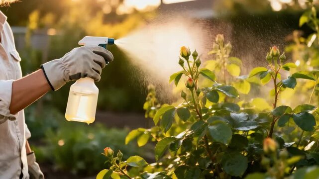 Medium shot of a person spraying organic pest control solution on garden plants highlighting sustainable and nontoxic invader management.