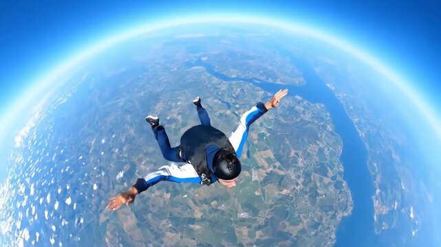Skydiver with arms extended free-falling above earth landscape  