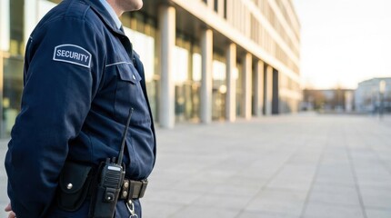 Close up of a security guard in a dark blue uniform A radio is attached to the guard's belt Modern building facade
