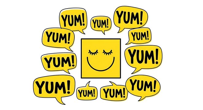 A smiling yellow emoticon surrounded by speech bubbles with the word yum exclaiming delight in a playful illustration