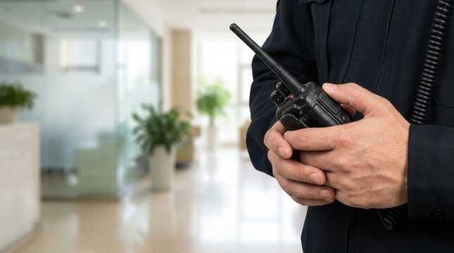Close up of hands in dark uniform holding a two way radio Blurred modern office interior with glass walls visible