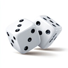 Two white dice with black dots, casting shadows on a white surface