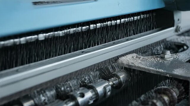 Close view of fine grit sanding machine delicately polishing panel surfaces revealing smooth textures and detailed roller brush mechanisms.
