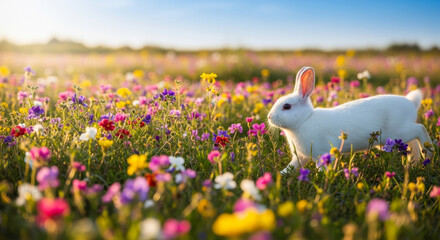 White rabbit running through colorful spring meadow filled with flowers  