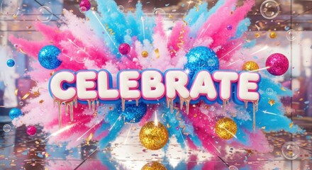 Colorful celebrate text surrounded by balloons on transparent background