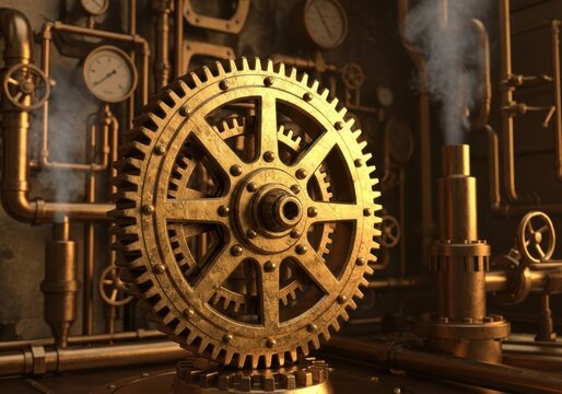 Steampunk machinery with intricate gears and gauges, bathed in warm golden light, evokes a sense of victorian innovation and industrial revolution