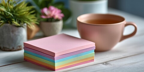 Fototapeta premium mockup of a blank light pink card resting on a stack of colorful Post-it notes (blank) 