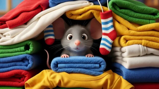 Cute gray mouse appearing from colorful folded clothes, peeking out from a pile of laundry in a closet, pest and deterrent for home.