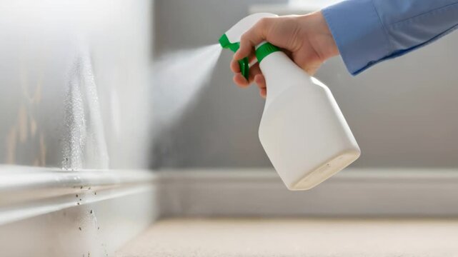 Woman hand spraying insecticide from a cleaner bottle on small ants on wall and baseboard, pest control extermination
