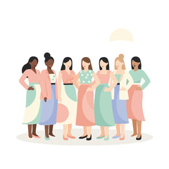 Obraz premium Diverse group of confident women in colorful summer outfits and patterned skirts standing together