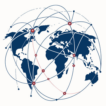 A vector graphic illustration of a world map with connected global network lines and dots