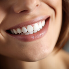 Obraz premium Strahlendes Lächeln mit weißen Zähnen in Nahaufnahme – Beauty- und Zahnpflegekonzept für Gesundheit, Hygiene und ästhetische Zahnmedizin.