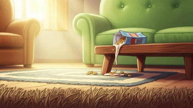 Ant carrying food on its back, a pest problem in a home with spilt milk and cereal on a coffee table.