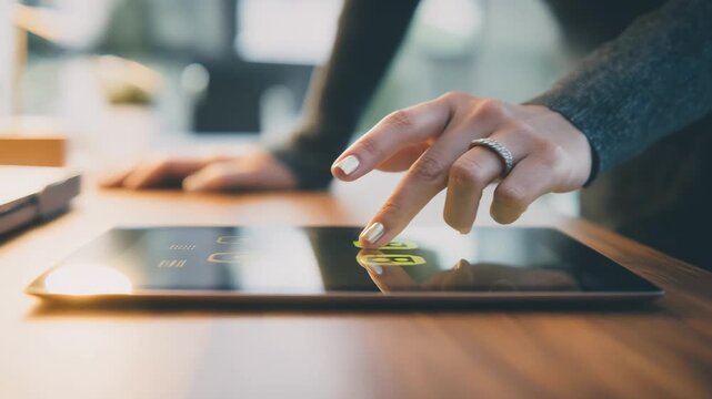 User interacting with a touchscreen device to apply an electronic signature showcasing intuitive and accessible digital signing technology in a contemporary workspace.