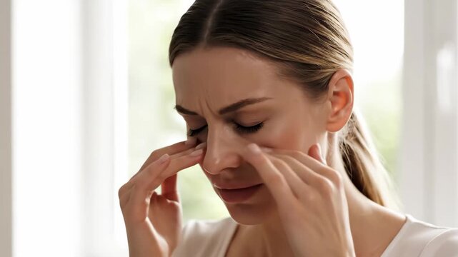 Stressed woman massaging temples experiencing headache