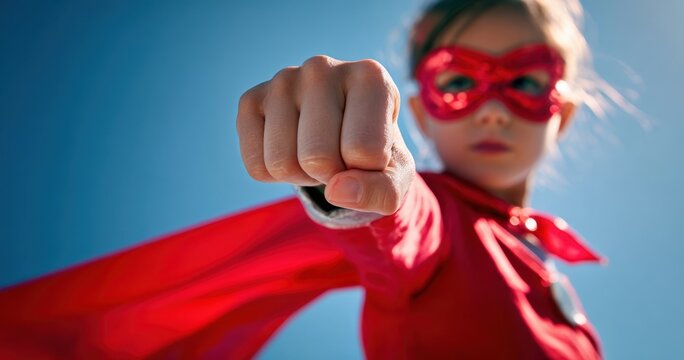 The girl superhero thrusting a fist forward wearing red cape and mask against sky