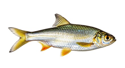 Obraz premium Golden shiner fish swimming laterally in a studio With shadow. AI GENERATED.