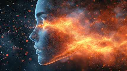 digital face dissolving into particles, representing themes of technology