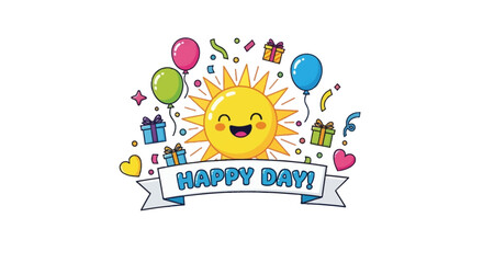 Obraz premium Smiling sun with colorful balloons and gifts celebrating a happy day