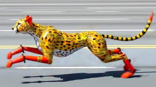 Cheetah running fast on road with robotic legs.