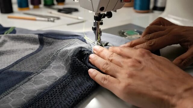 Closeup of a tailor sewing base layers with integrated phasechange materials for enhanced moisture control and body temperature regulation during active wear.